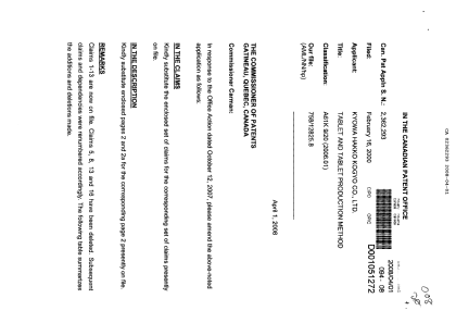 Document de brevet canadien 2362293. Poursuite-Amendment 20071201. Image 1 de 7