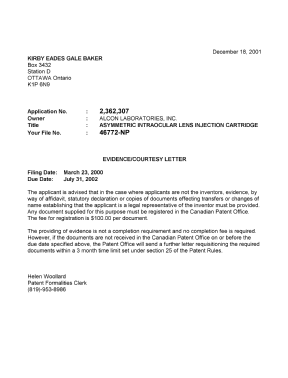 Document de brevet canadien 2362307. Correspondance 20011212. Image 1 de 1