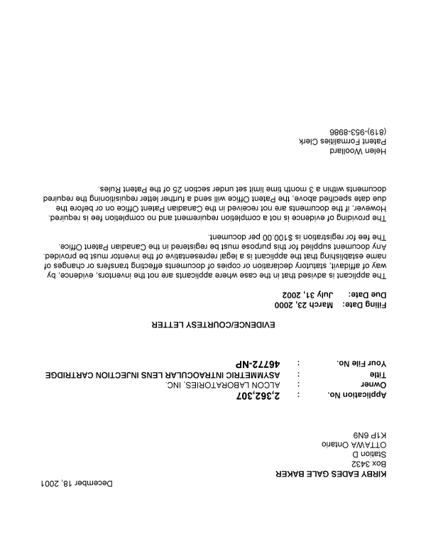 Canadian Patent Document 2362307. Correspondence 20011212. Image 1 of 1