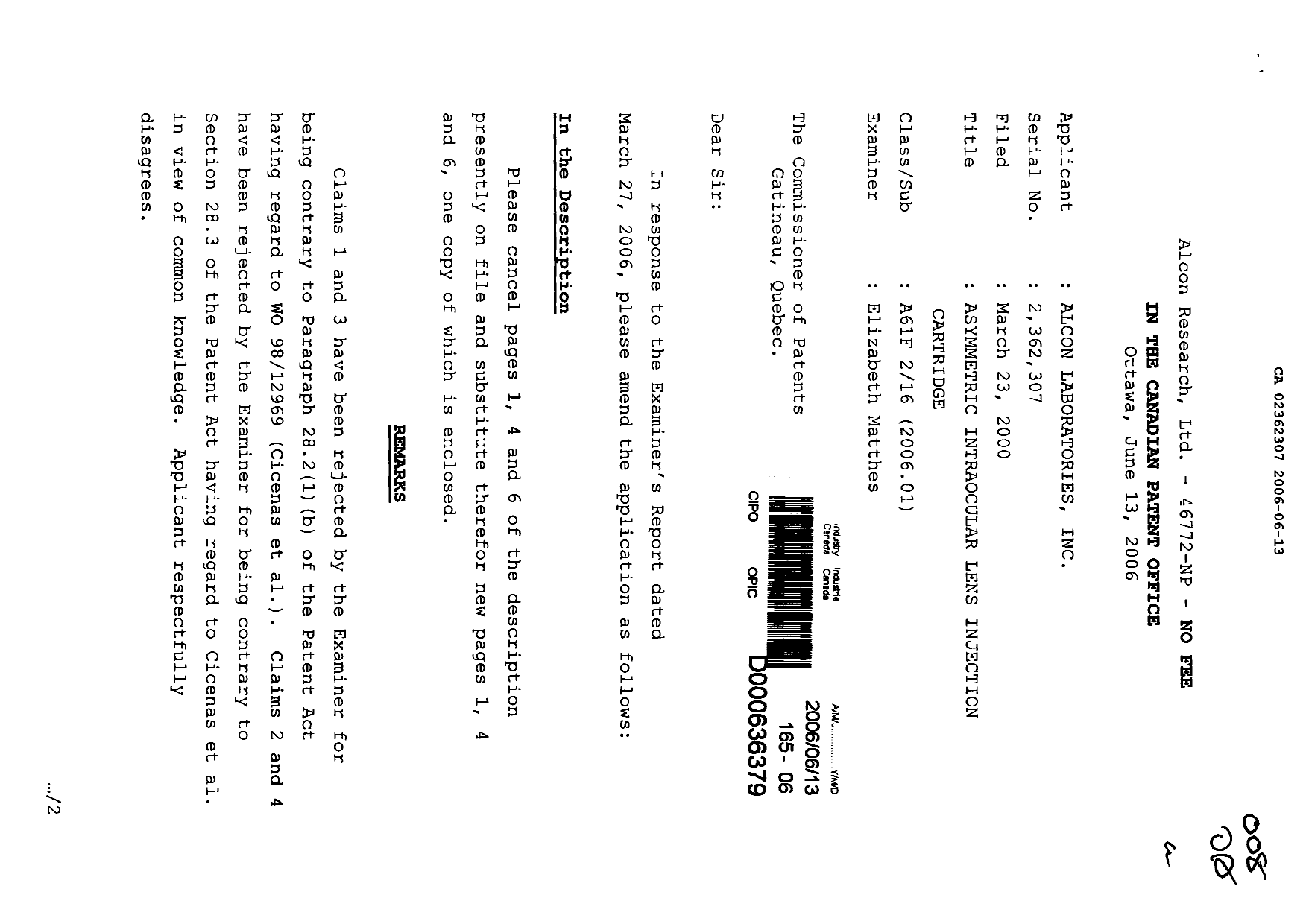 Canadian Patent Document 2362307. Prosecution-Amendment 20051213. Image 1 of 6