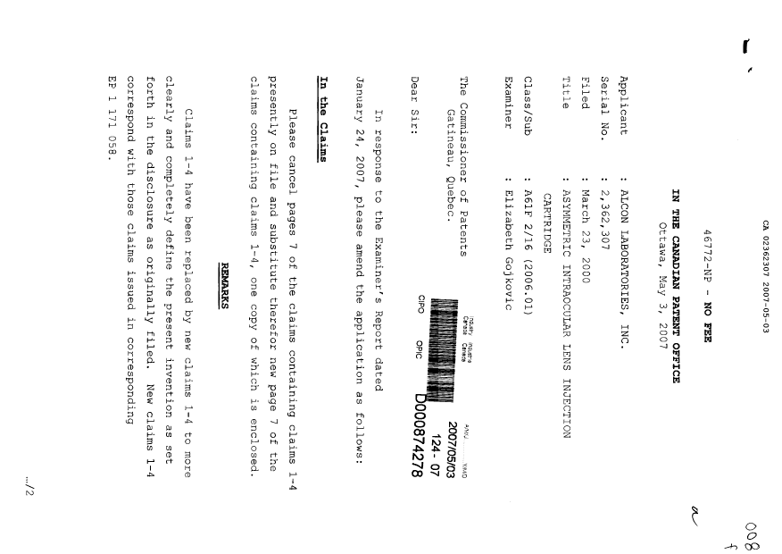Document de brevet canadien 2362307. Poursuite-Amendment 20061203. Image 1 de 3