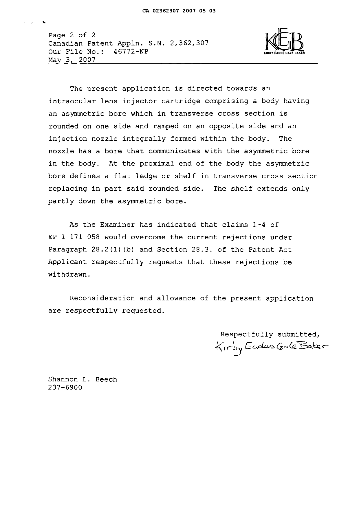 Document de brevet canadien 2362307. Poursuite-Amendment 20061203. Image 2 de 3