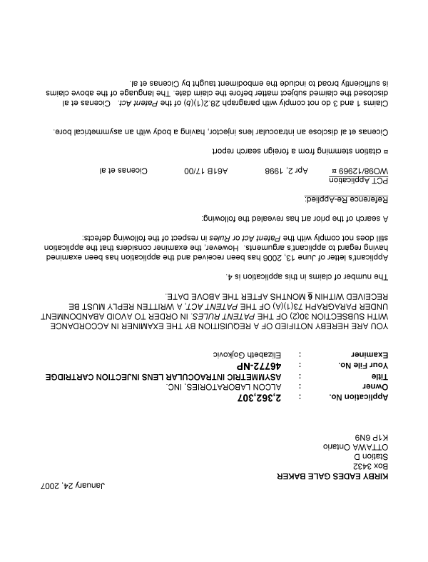 Canadian Patent Document 2362307. Prosecution-Amendment 20061224. Image 1 of 2