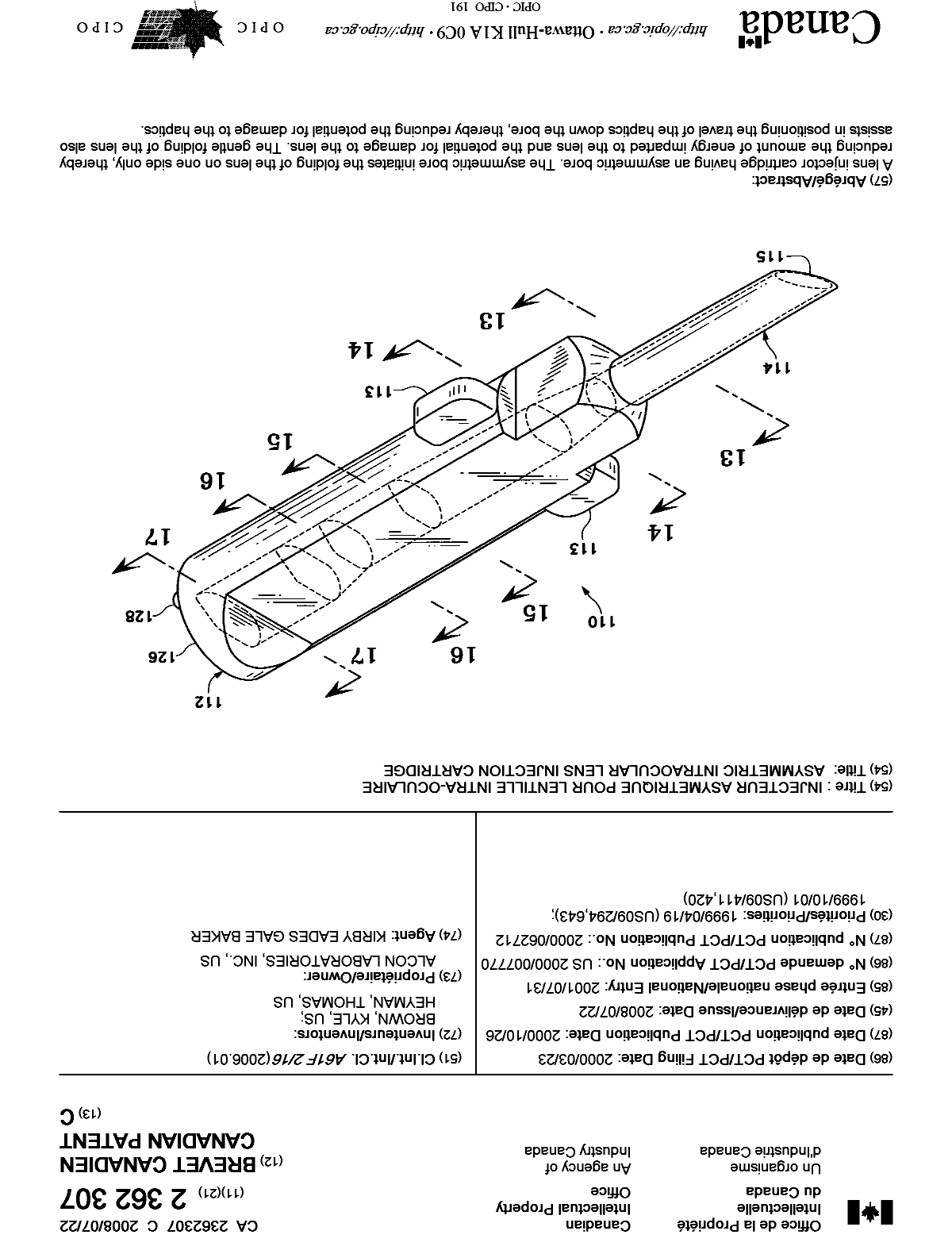 Document de brevet canadien 2362307. Page couverture 20071207. Image 1 de 1