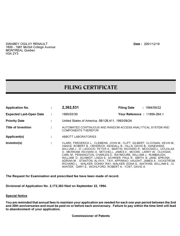 Document de brevet canadien 2362531. Correspondance 20011219. Image 1 de 1