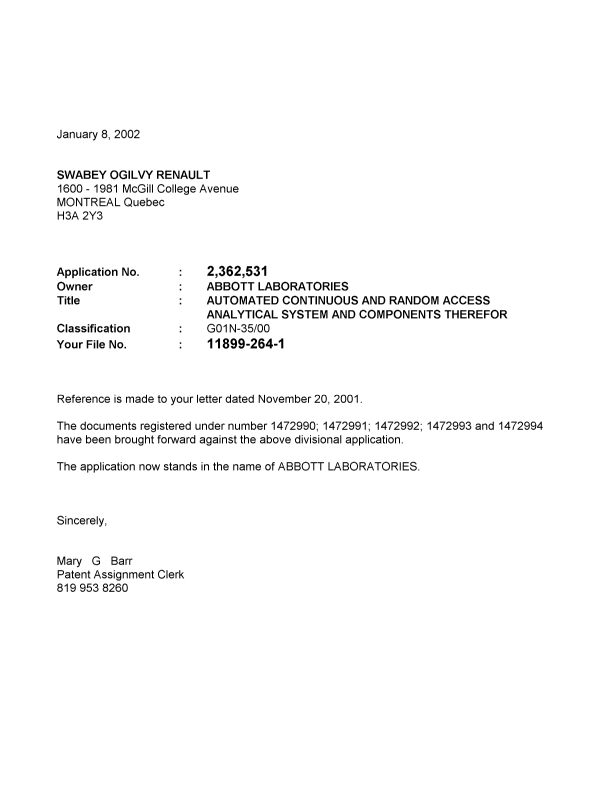 Document de brevet canadien 2362531. Correspondance 20020108. Image 1 de 1