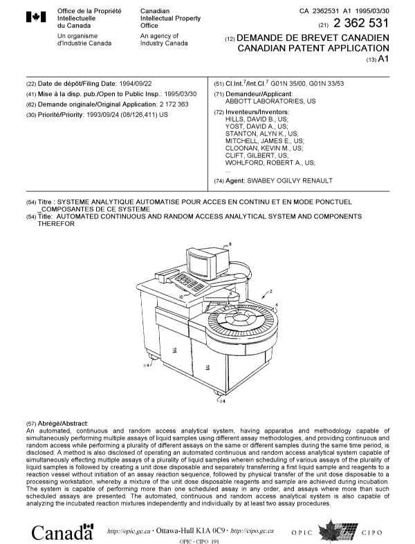 Document de brevet canadien 2362531. Page couverture 20020215. Image 1 de 2