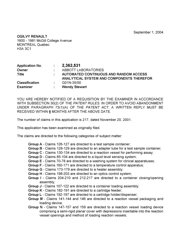 Document de brevet canadien 2362531. Poursuite-Amendment 20040901. Image 1 de 6