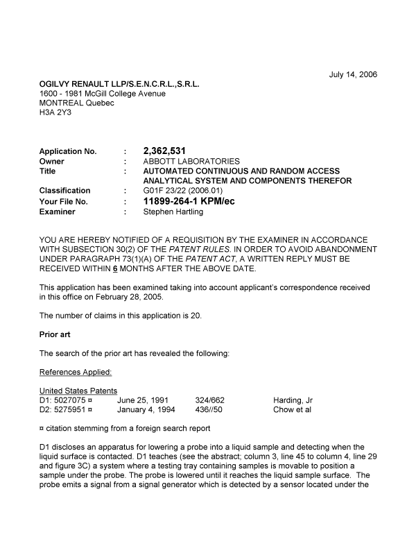 Document de brevet canadien 2362531. Poursuite-Amendment 20060714. Image 1 de 3
