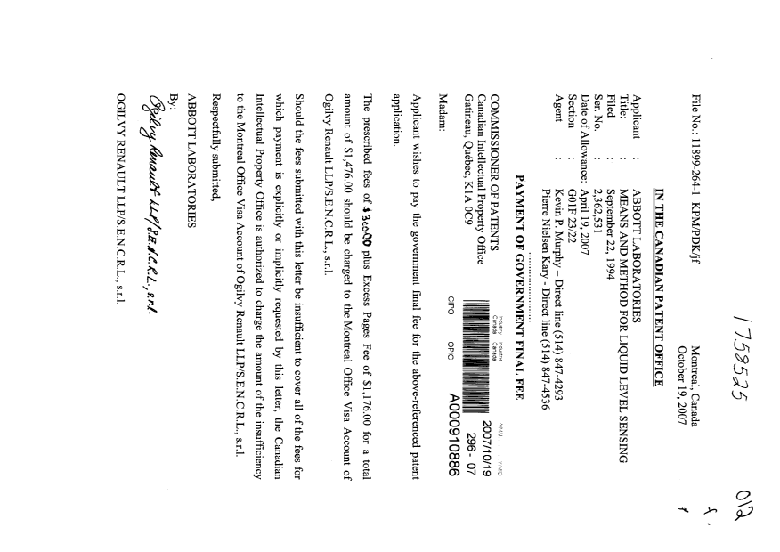 Document de brevet canadien 2362531. Correspondance 20071019. Image 1 de 1