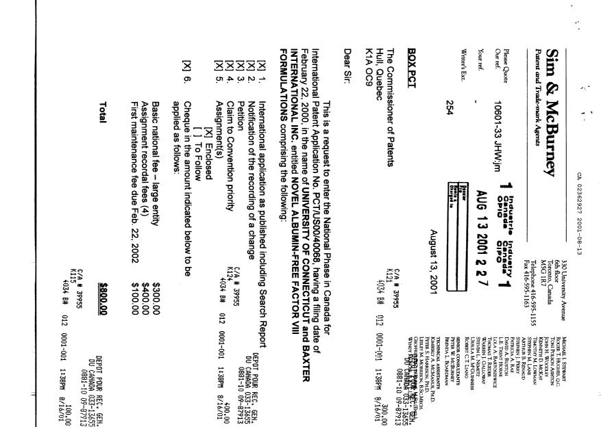 Document de brevet canadien 2362927. Cession 20010813. Image 1 de 21
