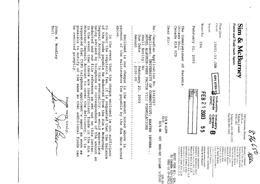 Document de brevet canadien 2362927. Taxes 20030221. Image 1 de 1