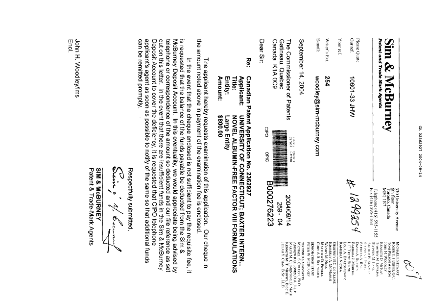 Document de brevet canadien 2362927. Poursuite-Amendment 20040914. Image 1 de 1