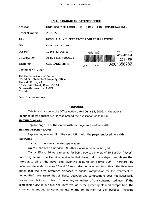 Canadian Patent Document 2362927. Prosecution-Amendment 20090904. Image 1 of 5