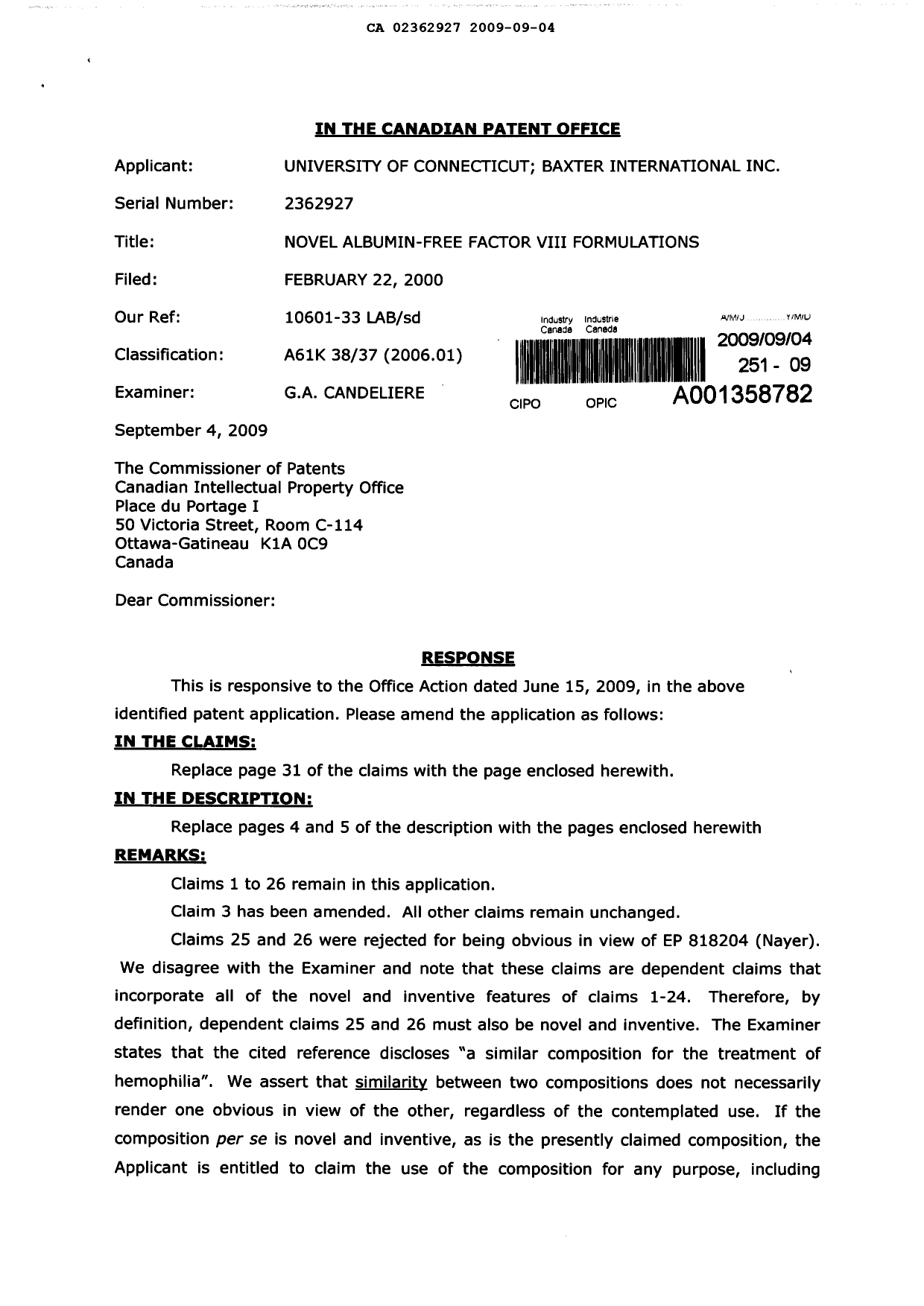 Document de brevet canadien 2362927. Poursuite-Amendment 20090904. Image 1 de 5