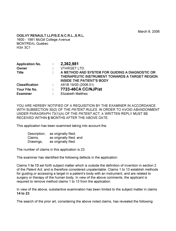 Canadian Patent Document 2362981. Prosecution-Amendment 20051208. Image 1 of 4