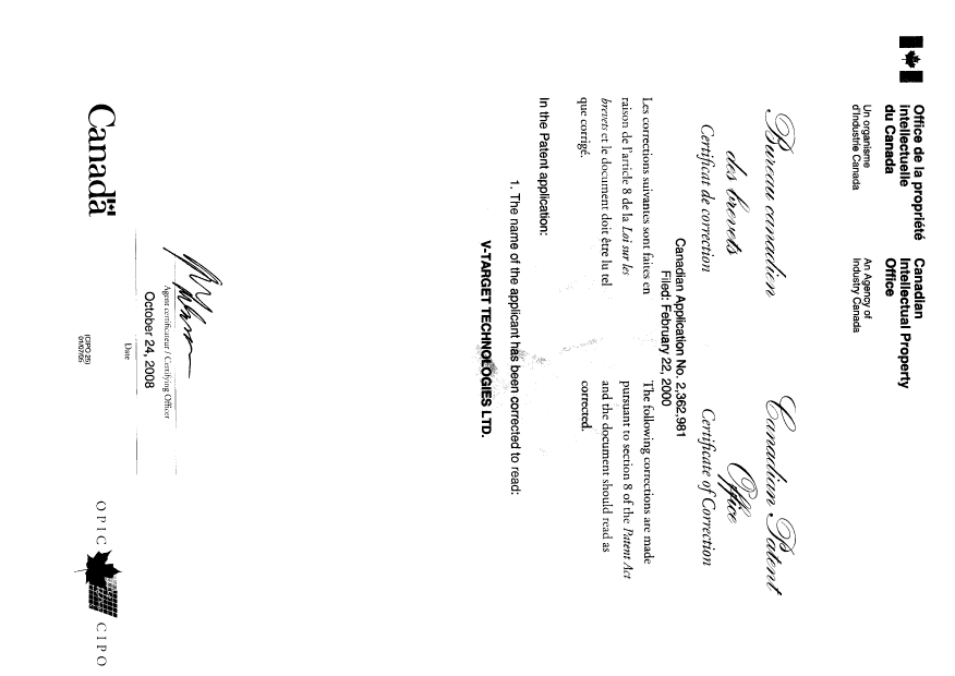 Document de brevet canadien 2362981. Page couverture 20071224. Image 2 de 2