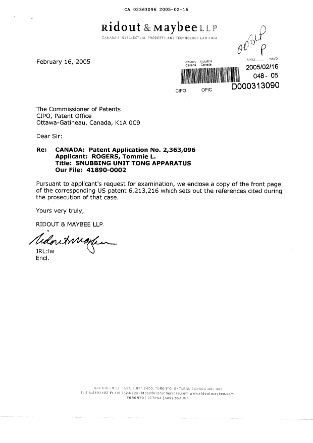 Document de brevet canadien 2363096. Poursuite-Amendment 20050216. Image 1 de 1