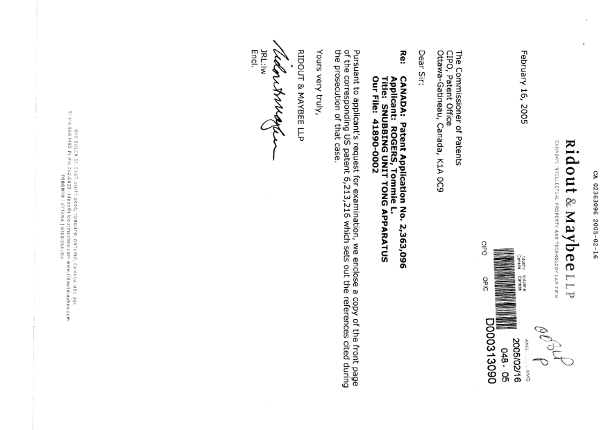Canadian Patent Document 2363096. Prosecution-Amendment 20050216. Image 1 of 1