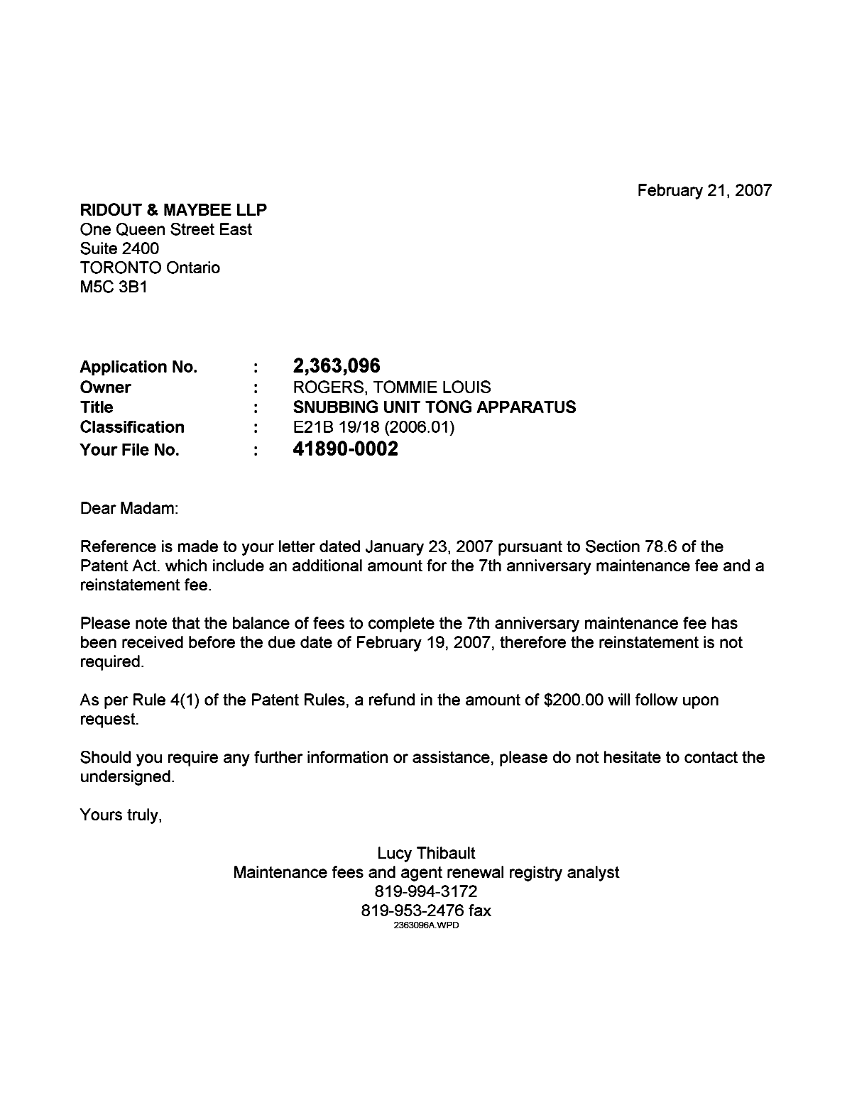 Canadian Patent Document 2363096. Correspondence 20070221. Image 1 of 1