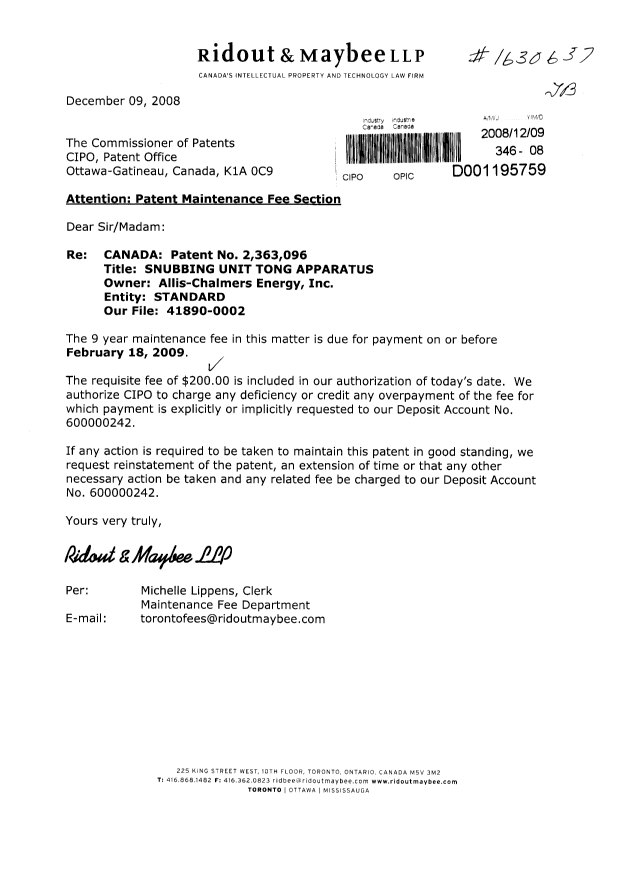 Document de brevet canadien 2363096. Taxes 20081209. Image 1 de 1