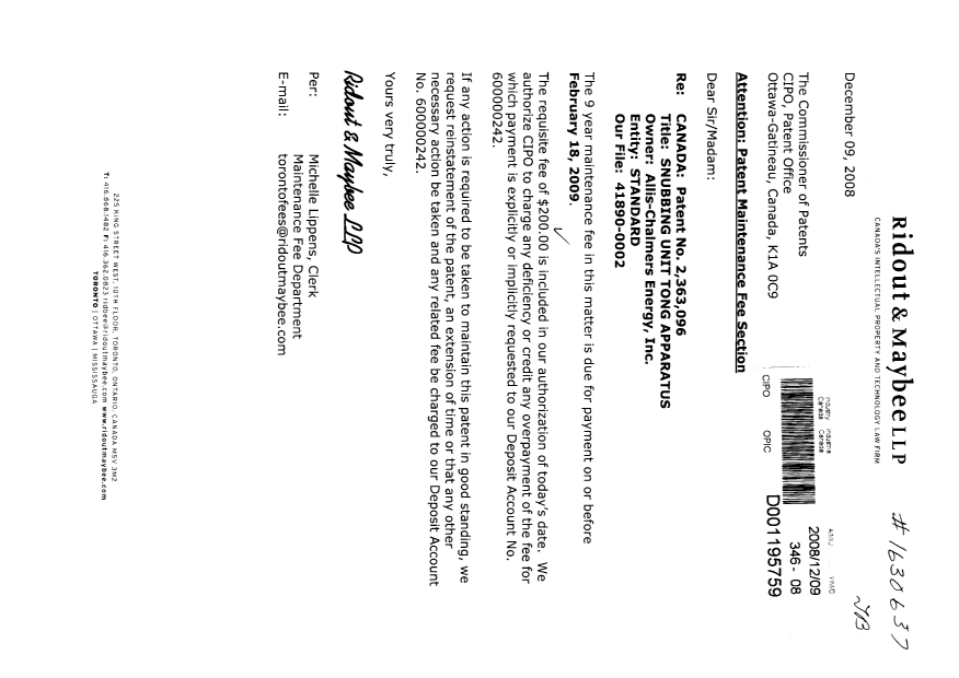 Canadian Patent Document 2363096. Fees 20081209. Image 1 of 1