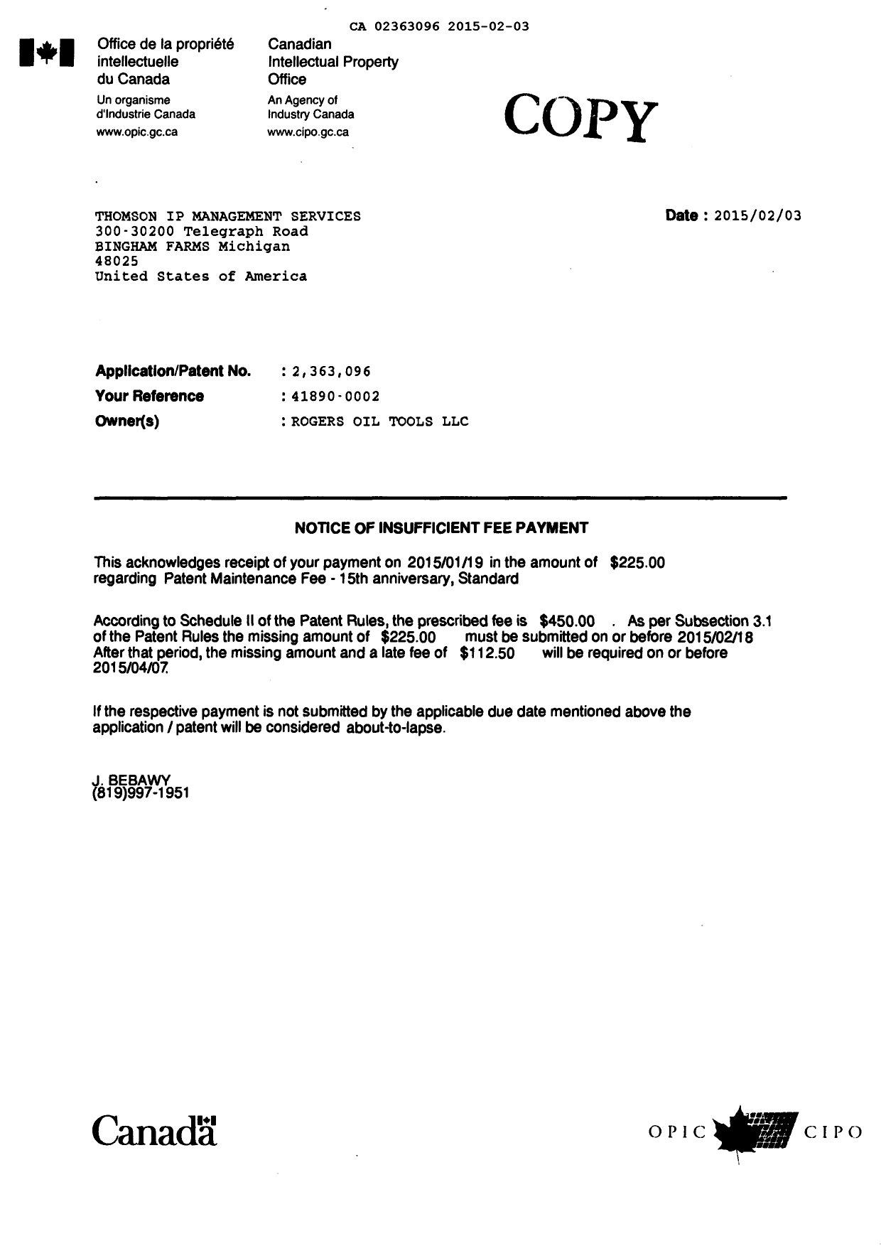 Document de brevet canadien 2363096. Correspondance 20150203. Image 1 de 1