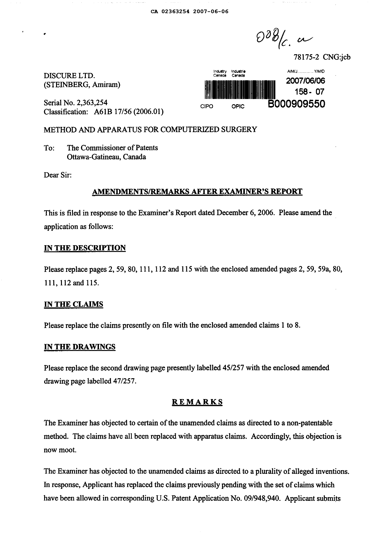 Canadian Patent Document 2363254. Prosecution-Amendment 20070606. Image 1 of 13