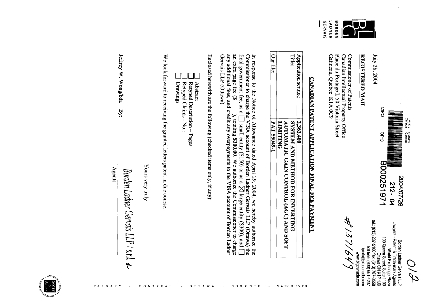 Canadian Patent Document 2363400. Correspondence 20040728. Image 1 of 1