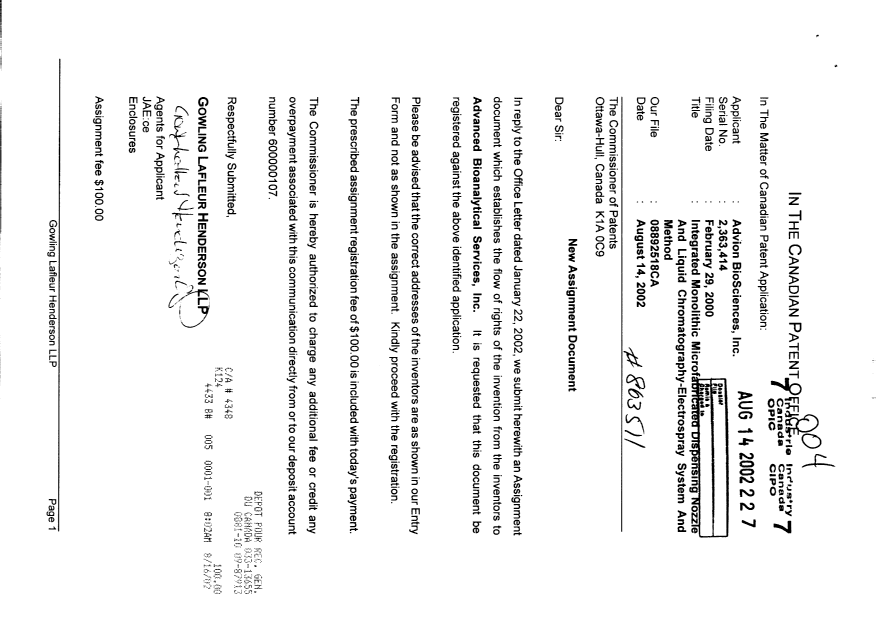 Document de brevet canadien 2363414. Cession 20020814. Image 1 de 4
