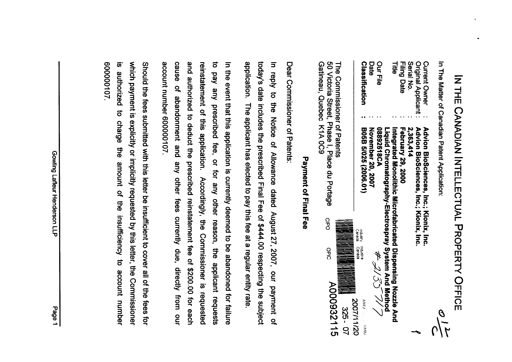 Canadian Patent Document 2363414. Correspondence 20071120. Image 1 of 2