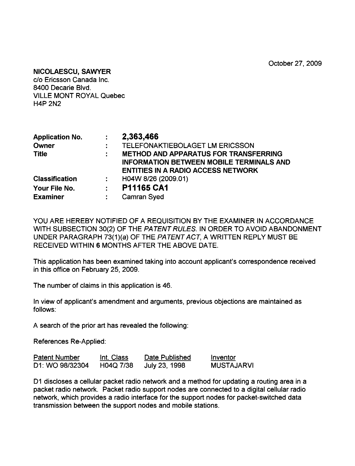 Document de brevet canadien 2363466. Poursuite-Amendment 20091027. Image 1 de 3