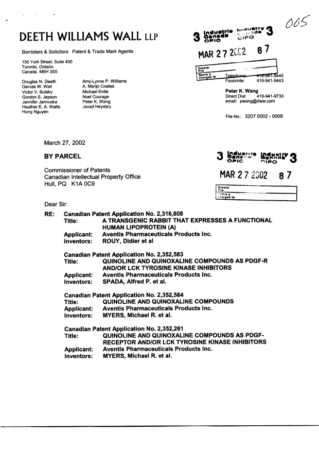 Document de brevet canadien 2363486. Cession 20020327. Image 1 de 5