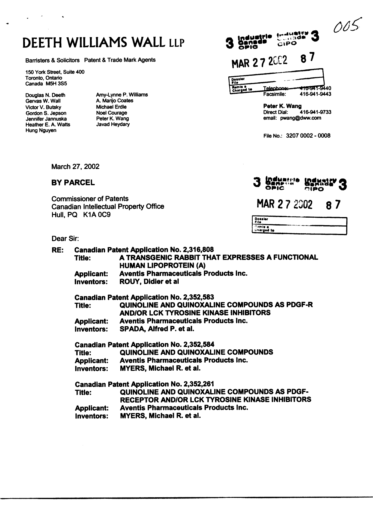 Document de brevet canadien 2363486. Cession 20020327. Image 1 de 5