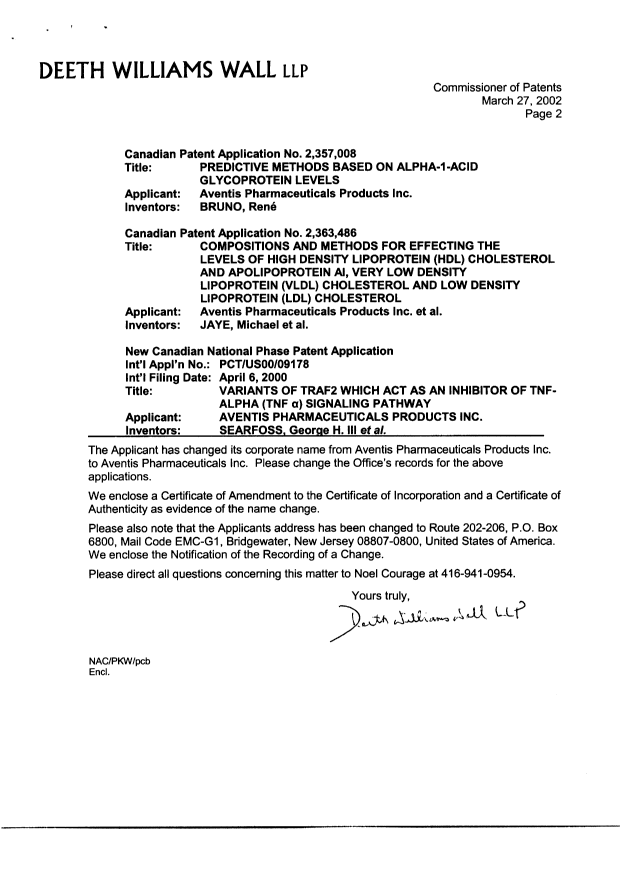 Document de brevet canadien 2363486. Cession 20020327. Image 2 de 5