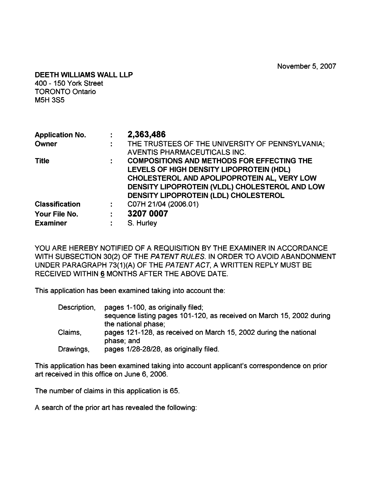 Canadian Patent Document 2363486. Prosecution-Amendment 20071105. Image 1 of 5