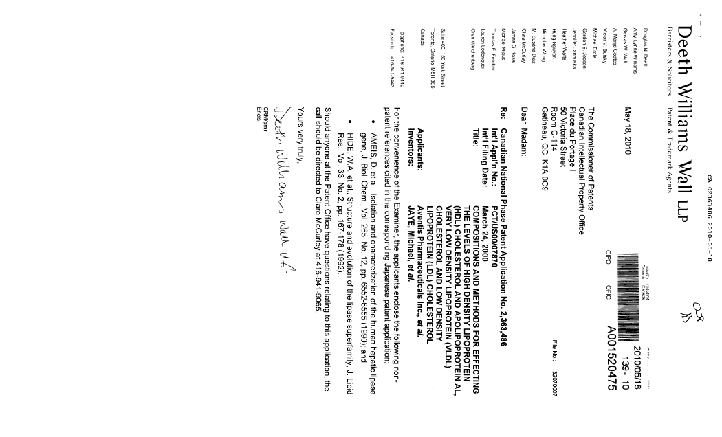 Document de brevet canadien 2363486. Poursuite-Amendment 20100518. Image 1 de 1
