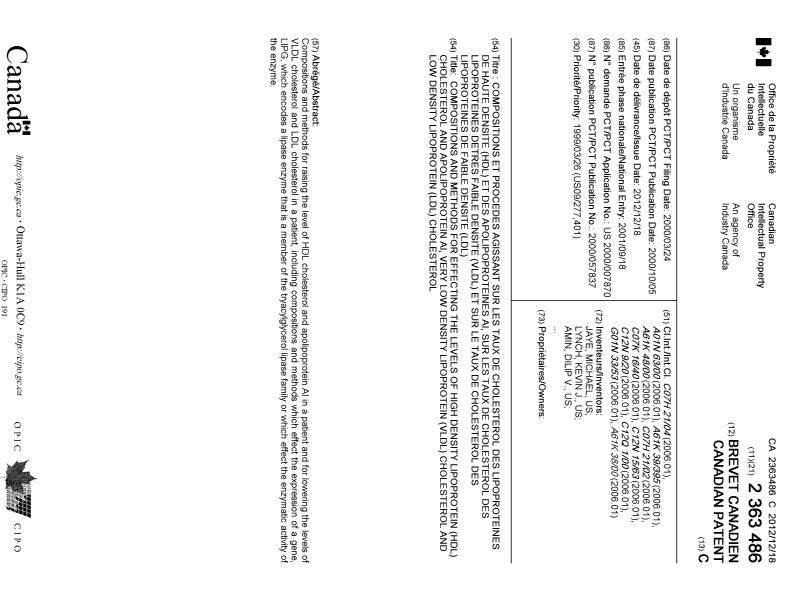 Document de brevet canadien 2363486. Page couverture 20121122. Image 1 de 2
