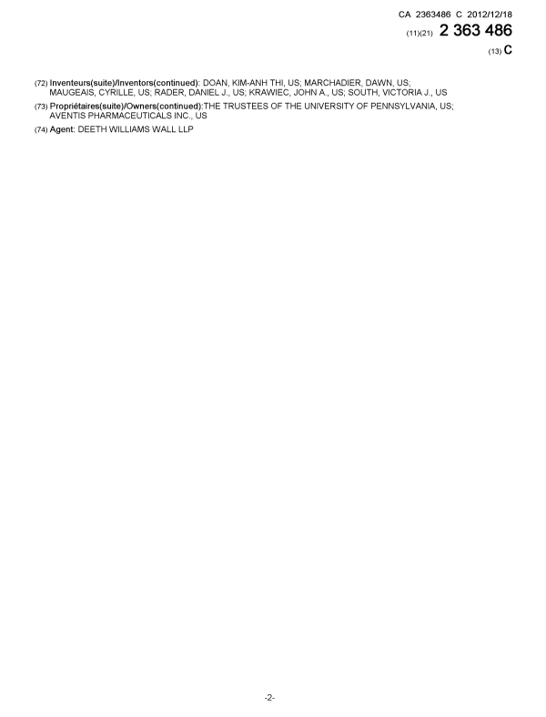 Document de brevet canadien 2363486. Page couverture 20121122. Image 2 de 2
