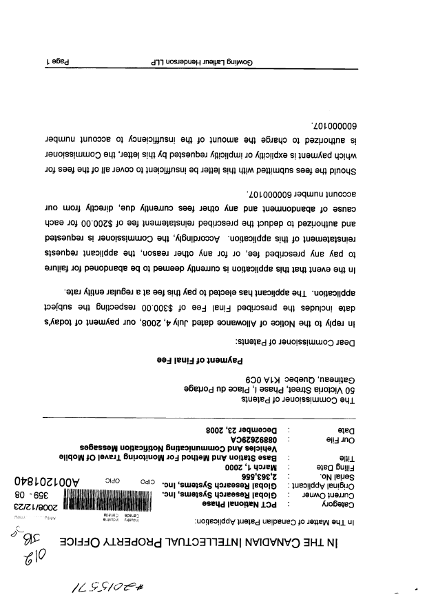 Canadian Patent Document 2363556. Correspondence 20081223. Image 1 of 2