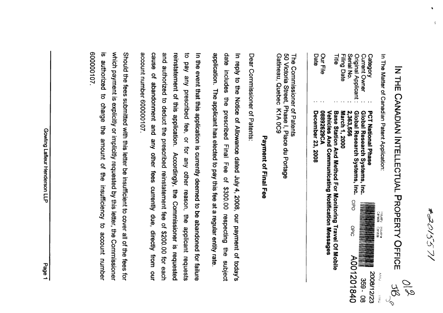Document de brevet canadien 2363556. Correspondance 20081223. Image 1 de 2