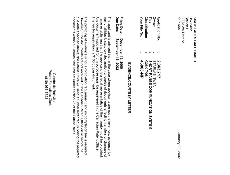 Document de brevet canadien 2363717. Correspondance 20020115. Image 1 de 1