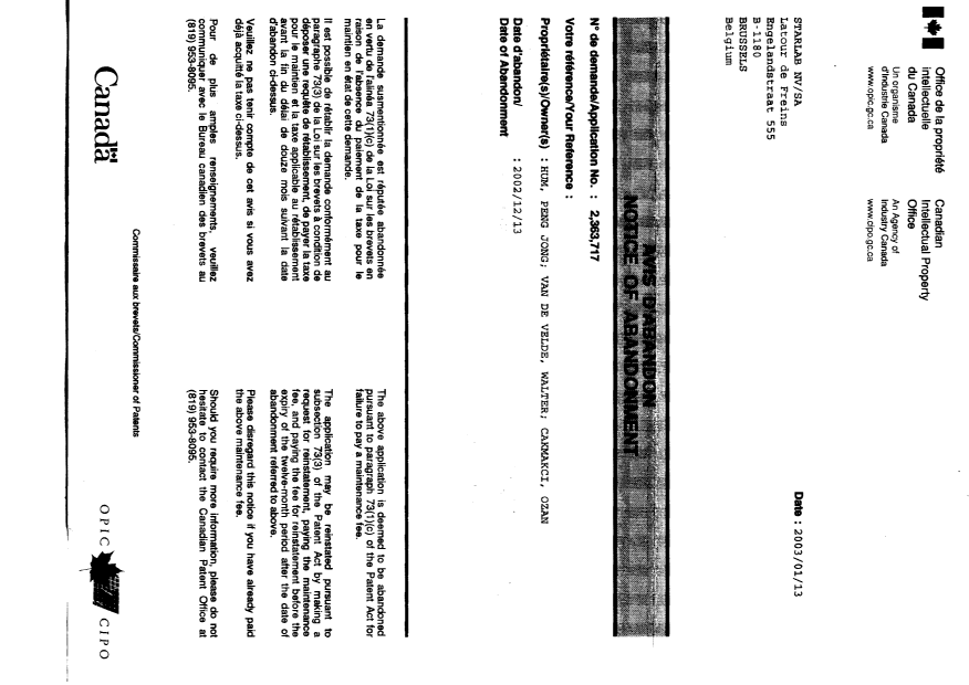 Document de brevet canadien 2363717. Correspondance 20030113. Image 1 de 3