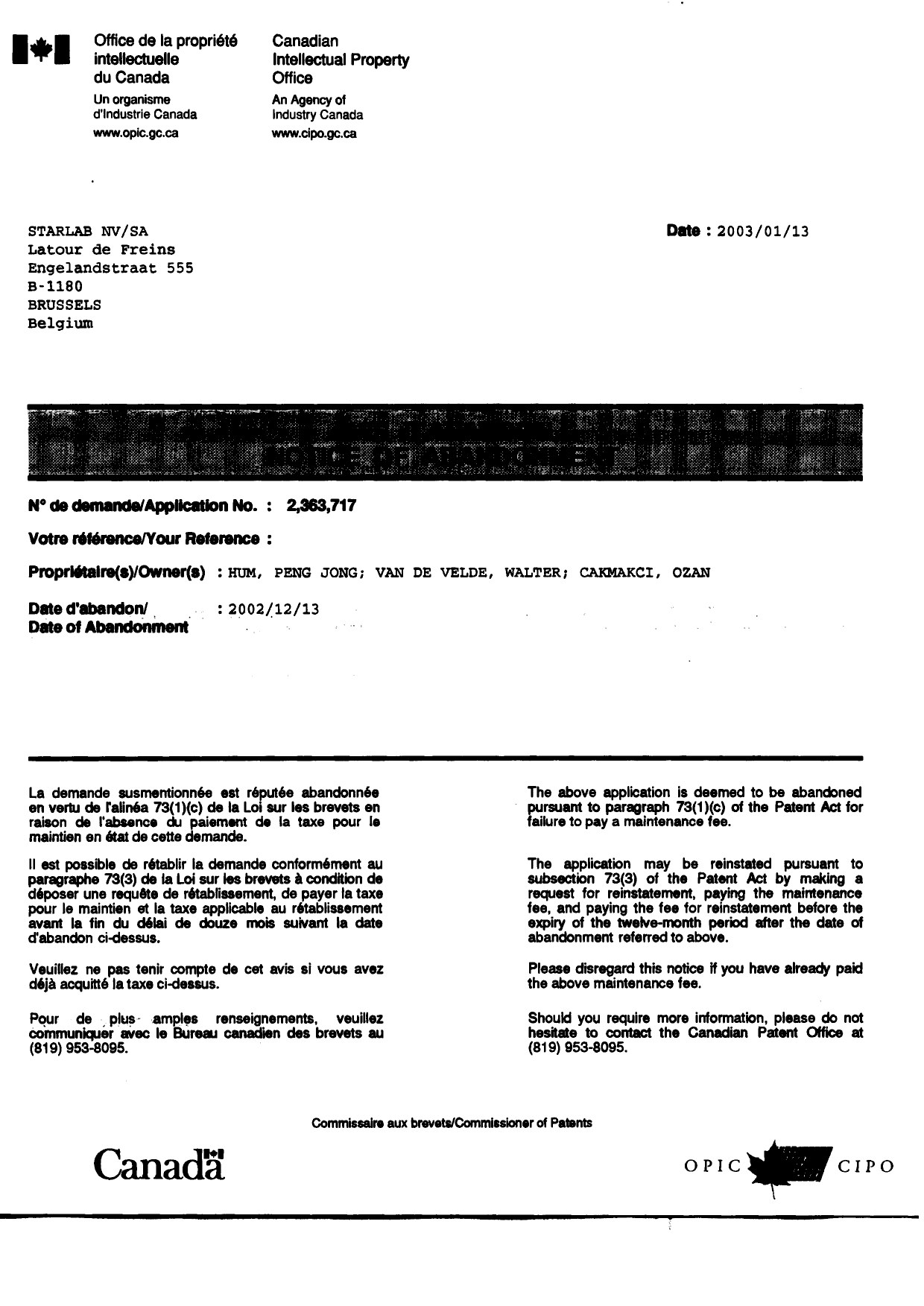 Document de brevet canadien 2363717. Correspondance 20030113. Image 1 de 4