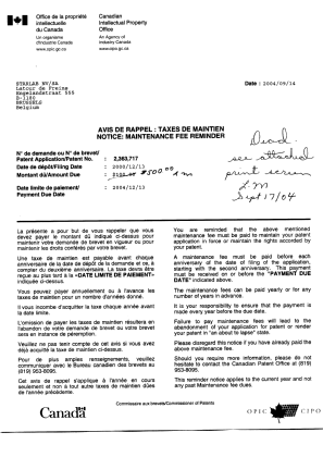 Document de brevet canadien 2363717. Correspondance 20040914. Image 1 de 2