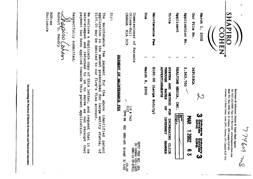 Document de brevet canadien 2363750. Taxes 20020301. Image 1 de 1