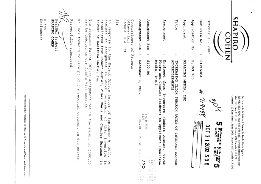 Canadian Patent Document 2363750. Assignment 20021031. Image 1 of 3