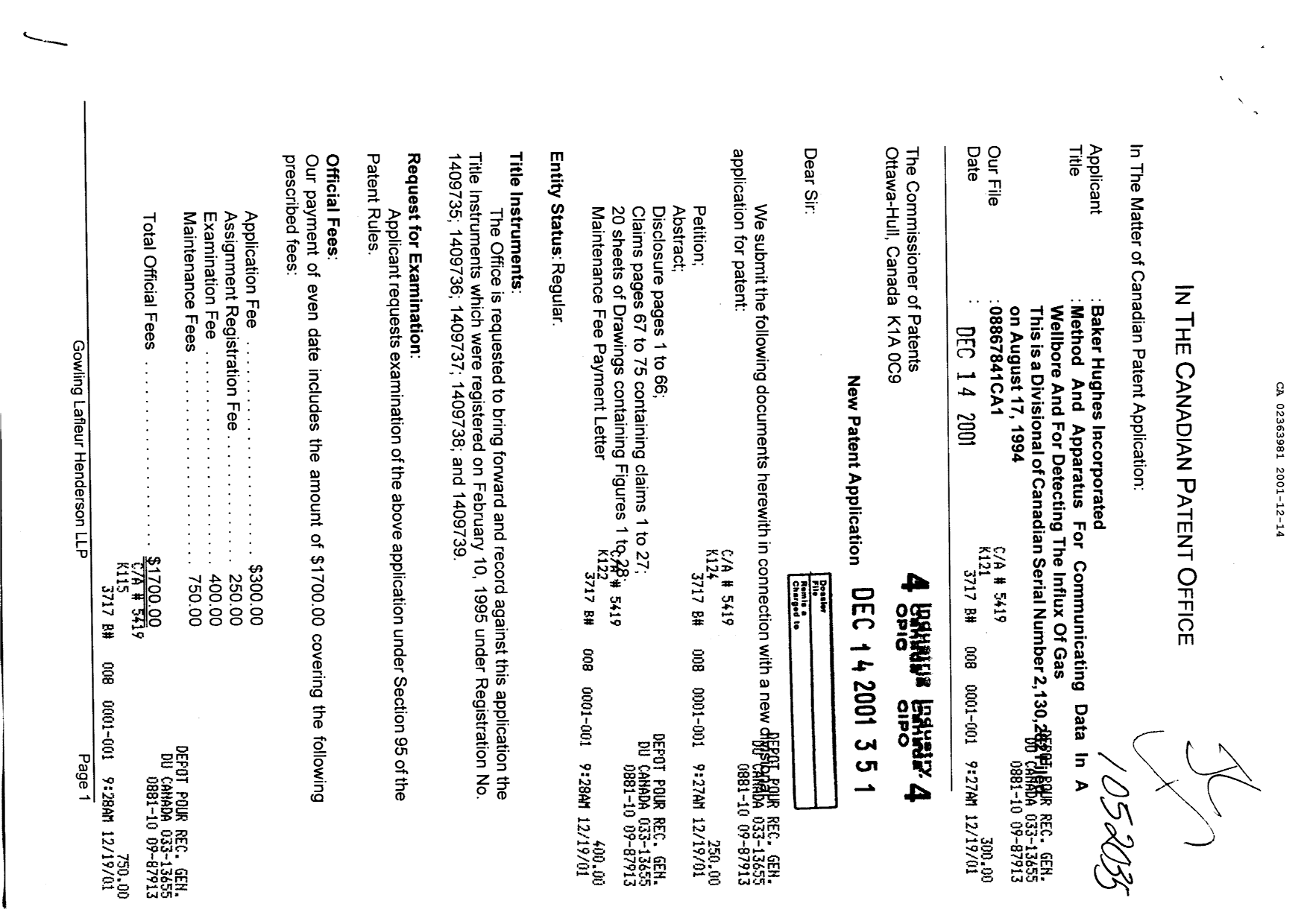Document de brevet canadien 2363981. Cession 20011214. Image 1 de 5