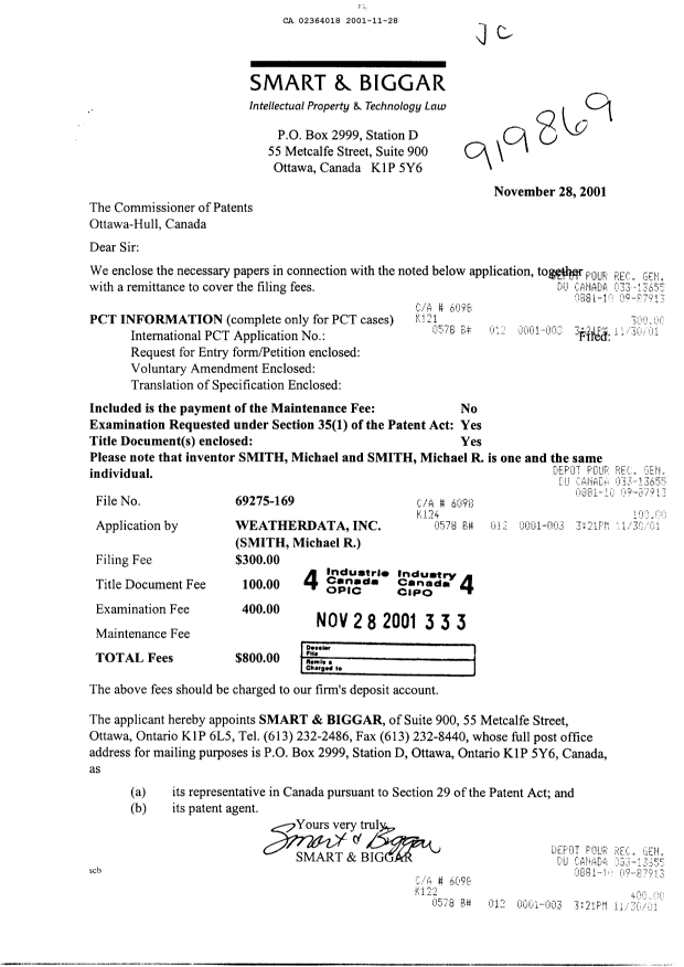 Document de brevet canadien 2364018. Cession 20011128. Image 1 de 7