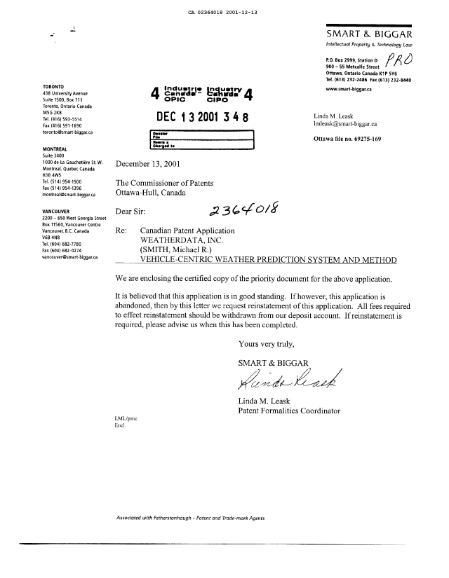 Document de brevet canadien 2364018. Correspondance de la poursuite 20011213. Image 1 de 1